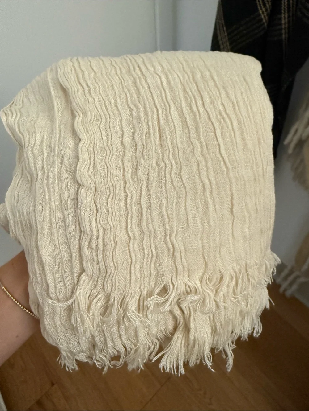 Ivory Cream Crinkle Gauze Oversized Shawl Wrap Fringe Boho